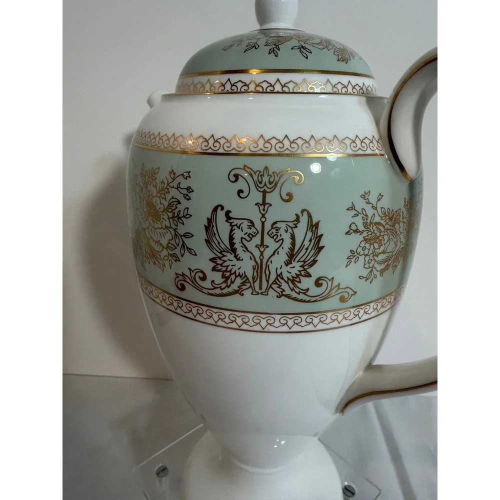 Wedgwood Gold Columbia Sage Green Coffee Pot Bone China Gryphon England 10.5in - Picture 5 of 10